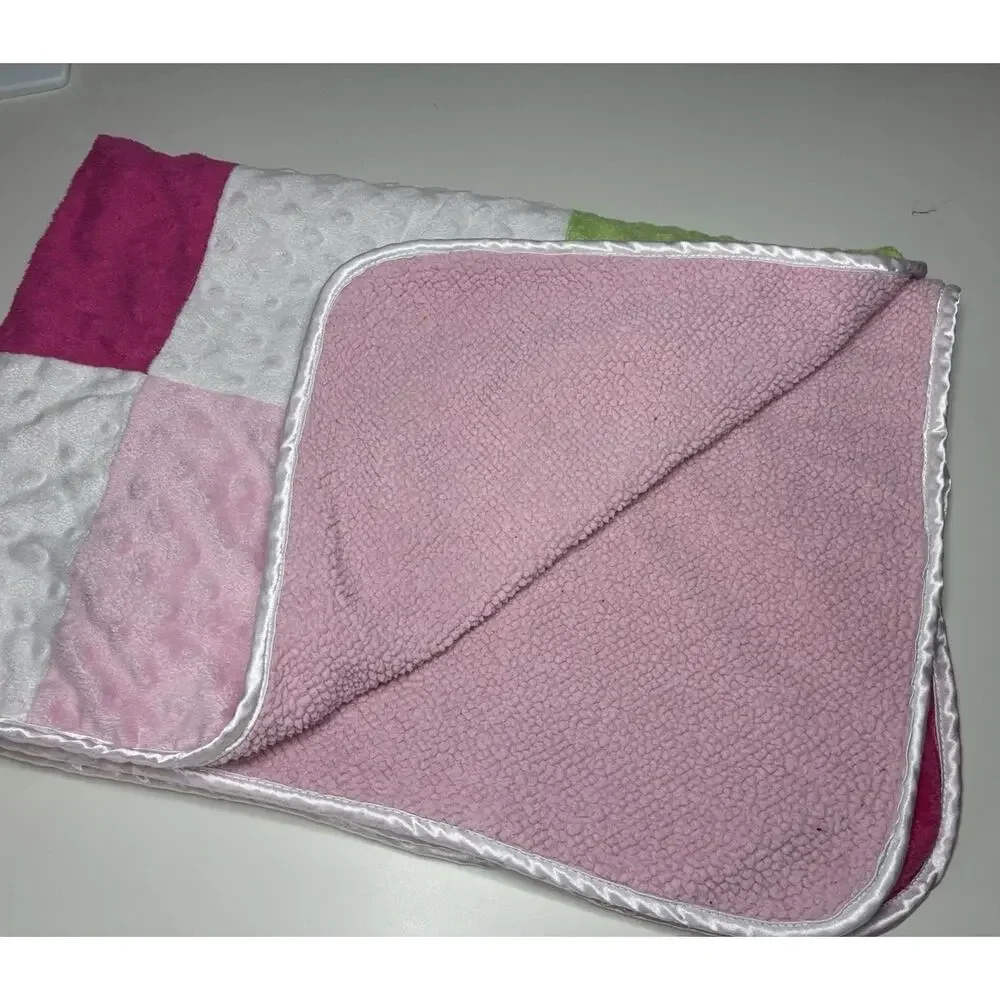 Carters Child of Mine Patchwork Baby Blanket Pink Green Squares Minky Dot Satin